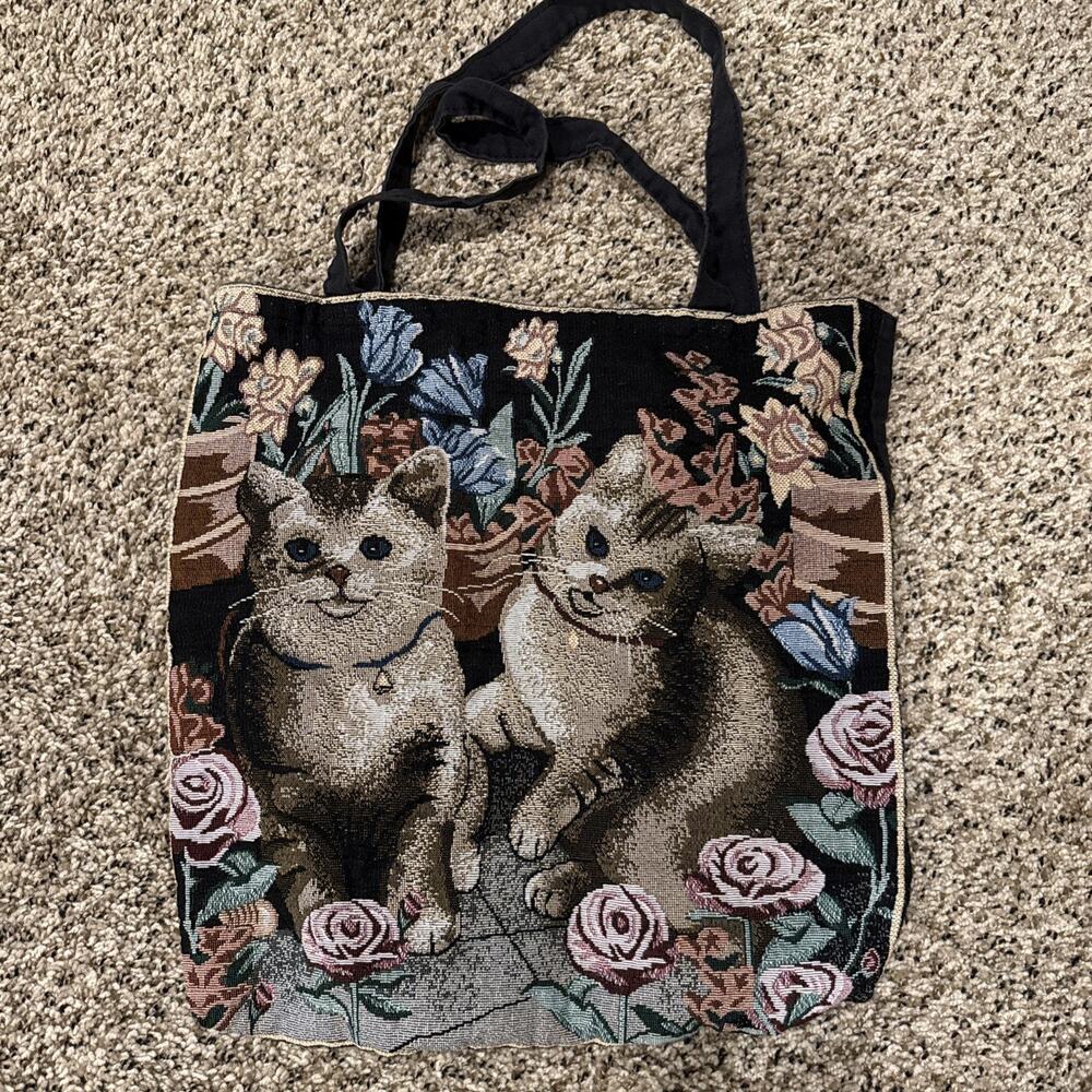 Cat Victorian Kitten Kitty Rose Garden Clay Pot Tote Handbag Carry All